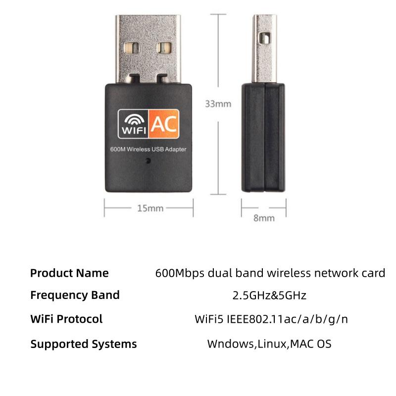 600M USB Network Adapter WIFI Dual Band 2.4/5GHz Free Driver Wireless Network Card Suitable for Windows 10/11, Linux, MAC OS
