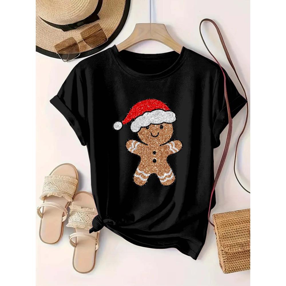 Plus Size Women's Round Neck Christmas Gingerbread Print Short Sleeve Festival Fashion Casual Tops