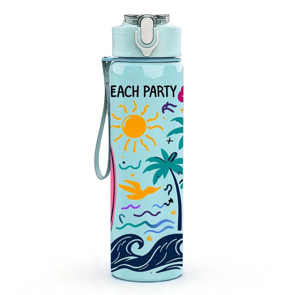 1PC Beach Surfboard Palm Tree 750ml Color Plastic Sports Water Bottle Leakproof Flip Straw Lid Suitable for Sports Office Home Use