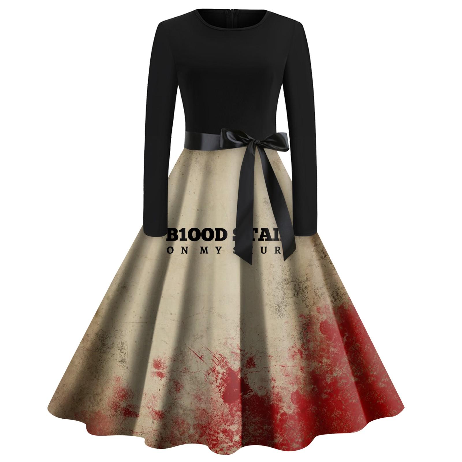

Women Halloween Print Flare Dress Long Sleeve O-Neck Dress Party Casual Dresses XL хаки