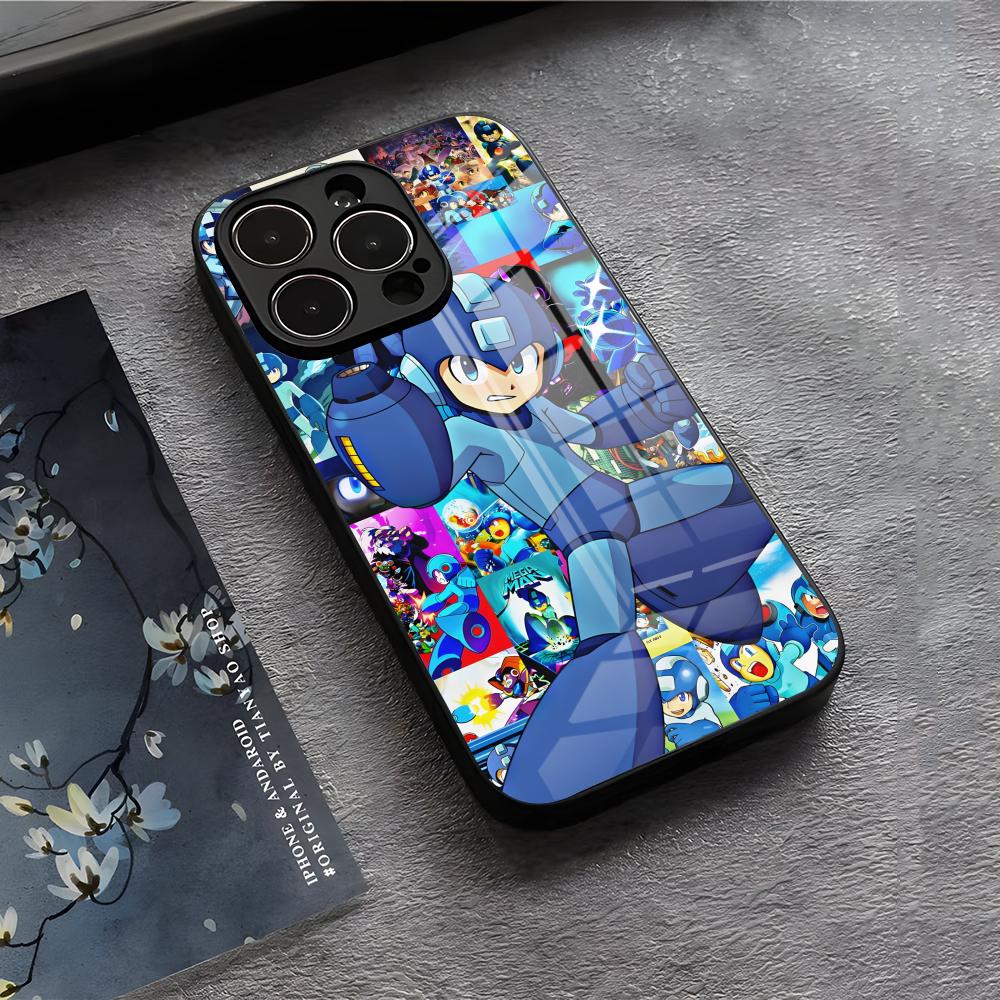 R-Rockman M-Megaman Cool Phone Case For IPhone 17 Air 16 E Pro Max 15 14 13 Mini 12 Pro 11 Max Plus Black Glass Cover