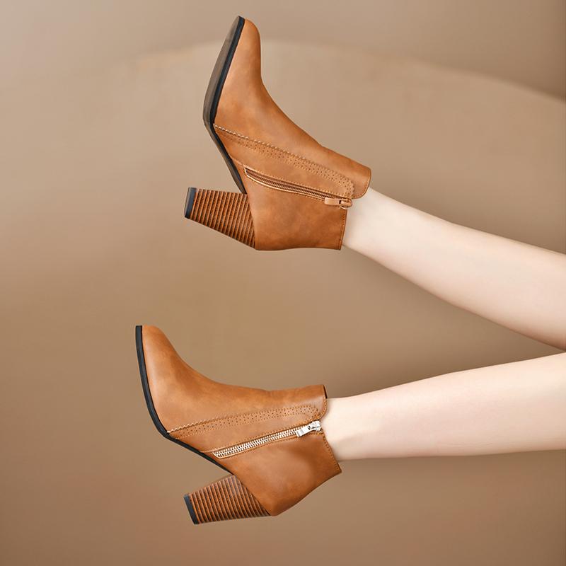 New Luxury Women Ankle Boots Fashion Leather Boots High Heels Ladies Shoes Side Zipper Short Boots For Women Shoes  Mujer