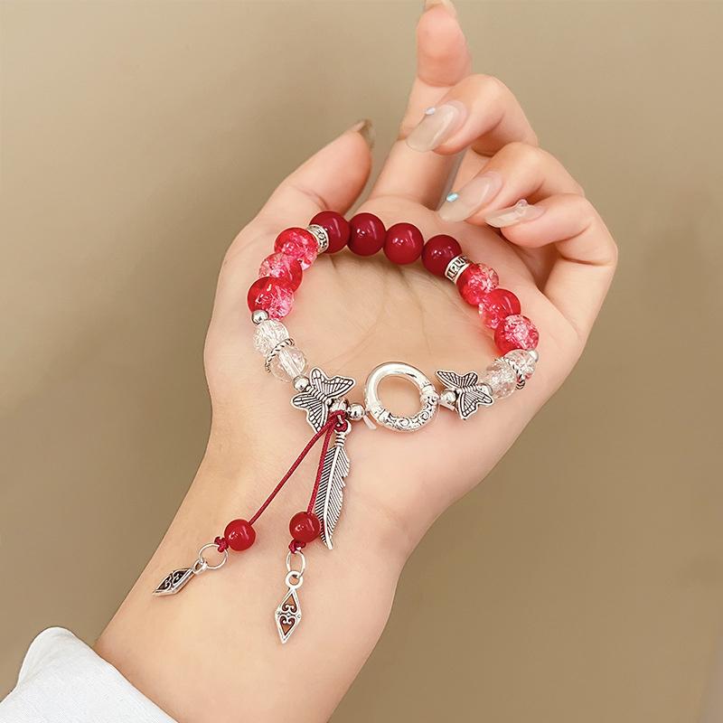 Koreanische Rosa Blumen Schmetterling Anhänger Perlenarmband für Frauen Süße Perlen Kettenarmbänder Freundin Schmuck Geschenke