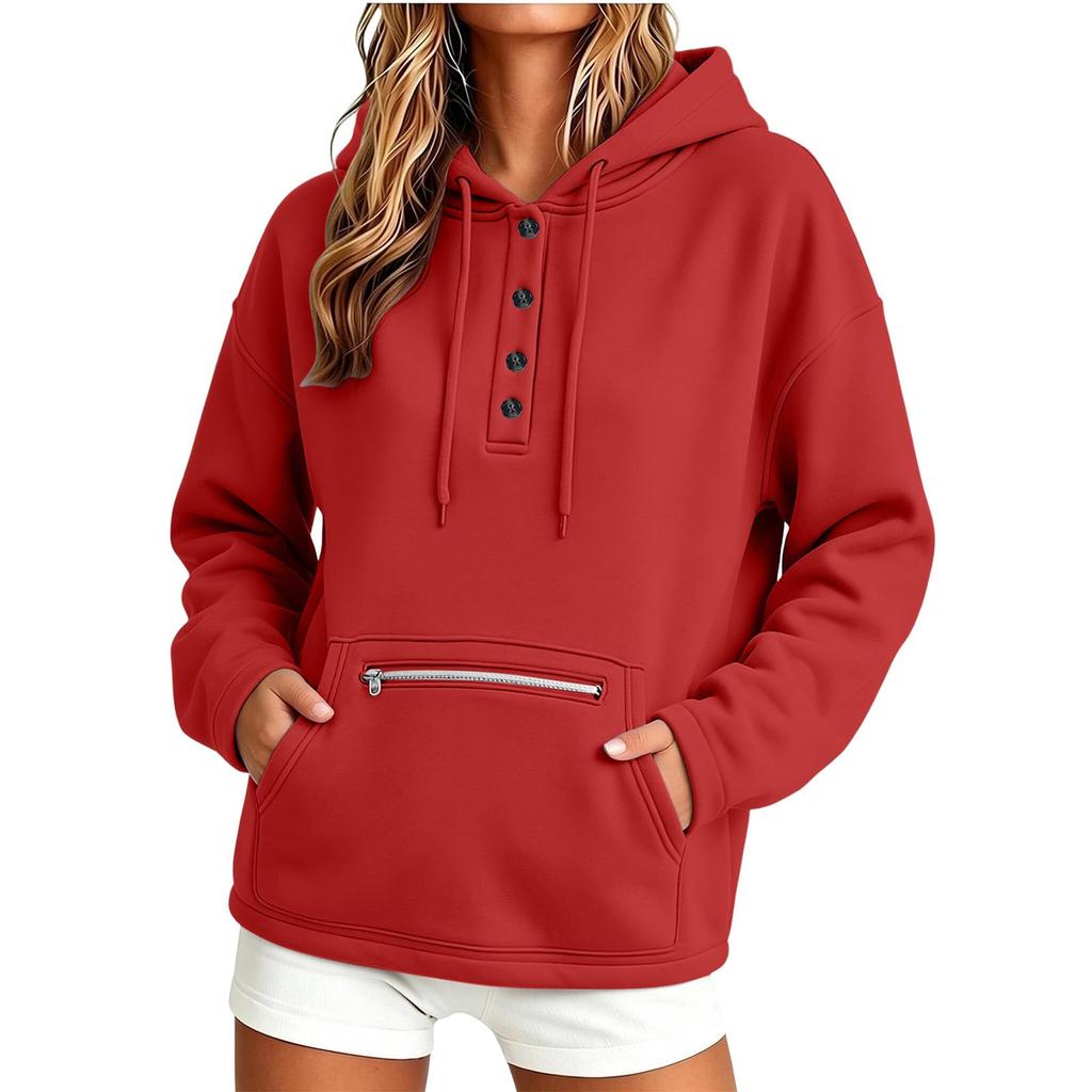 Felpa da donna con cappuccio, manica lunga, bottoni frontali, tasca, colore, per uso casual quotidiano