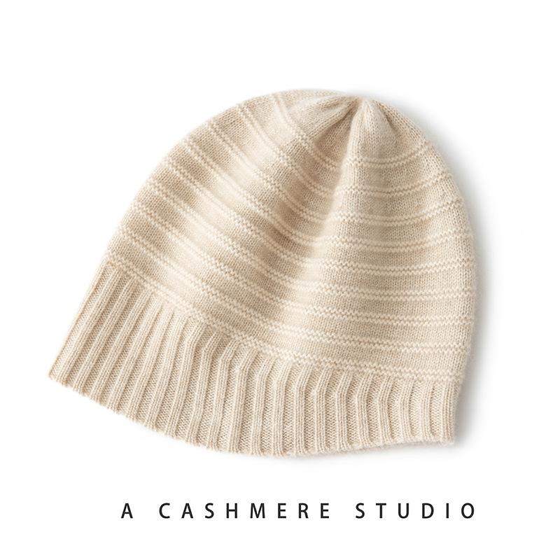Women's Classic Striped Knit Hat - Warm, Ear-Protective, Solid Color Fashion for Autumn & Winter