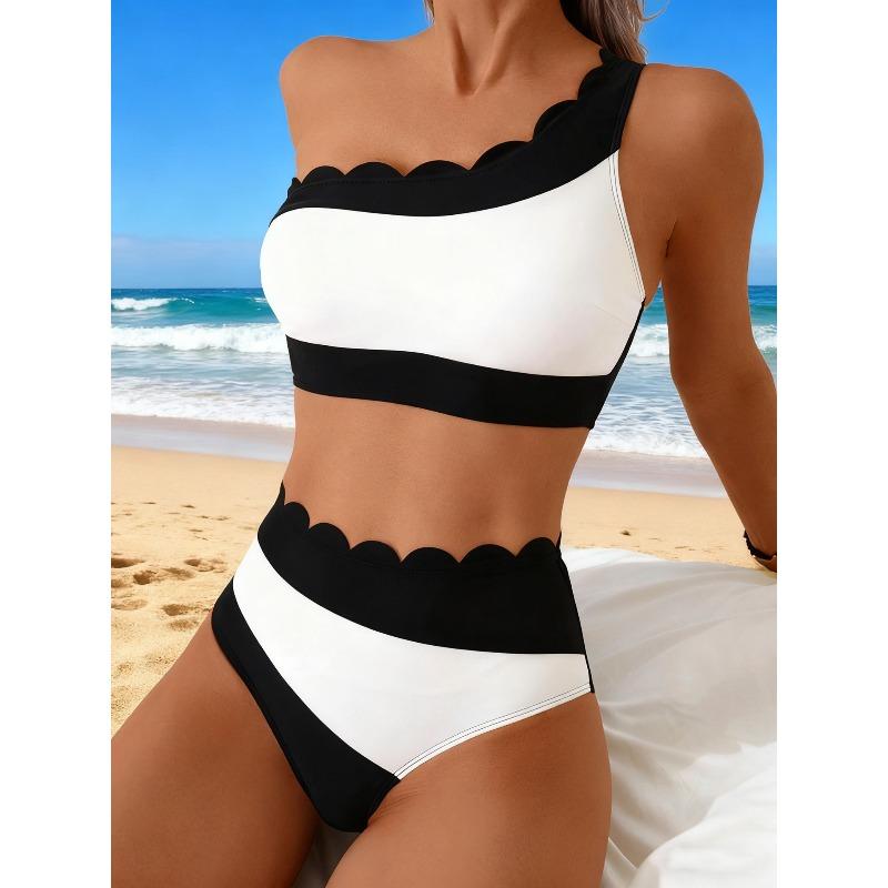 Europees en Amerikaans Nieuw Schuin Schouder Split Zwempak Kleurcombinatie Tankini Sport Strand Zwempak Dames