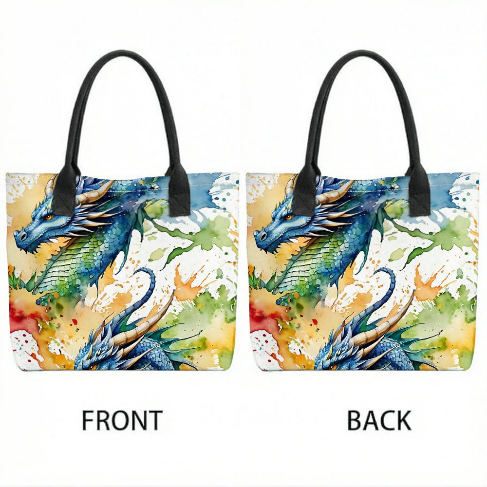  Watercolor Dragon Printed Tote Bag Fashion Casual Large Capacity Handbag for Daily Use