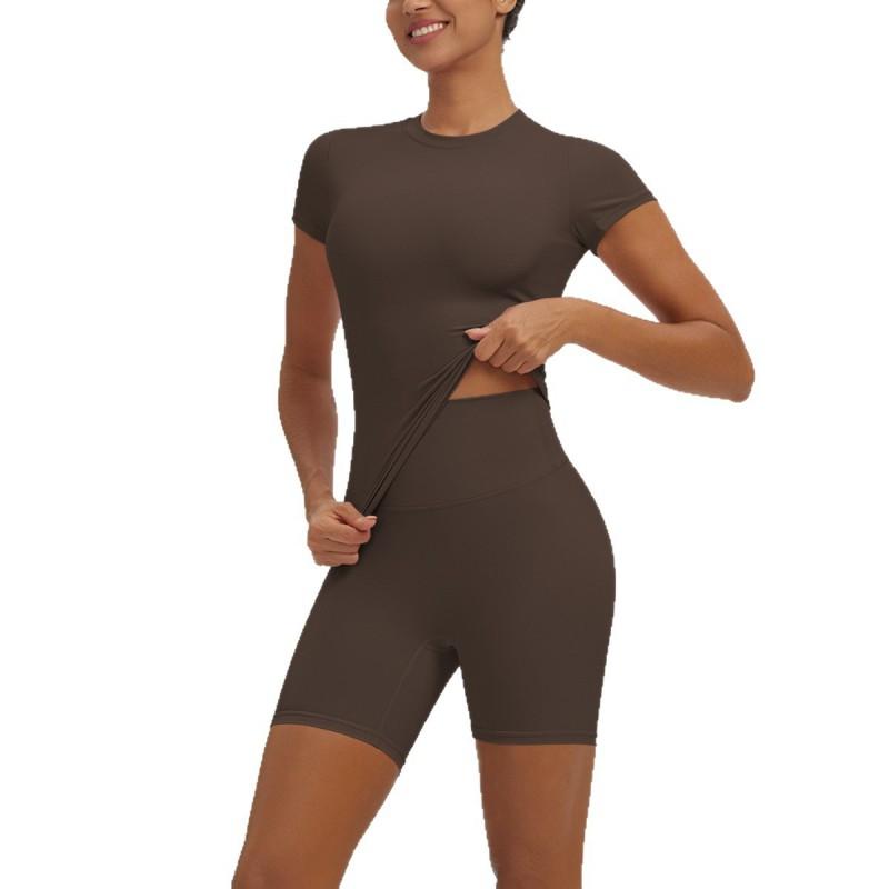 Breathable Yoga 2-Piece Set Short Sleeve High Waist Shorts Workout Fitness Activewear Women