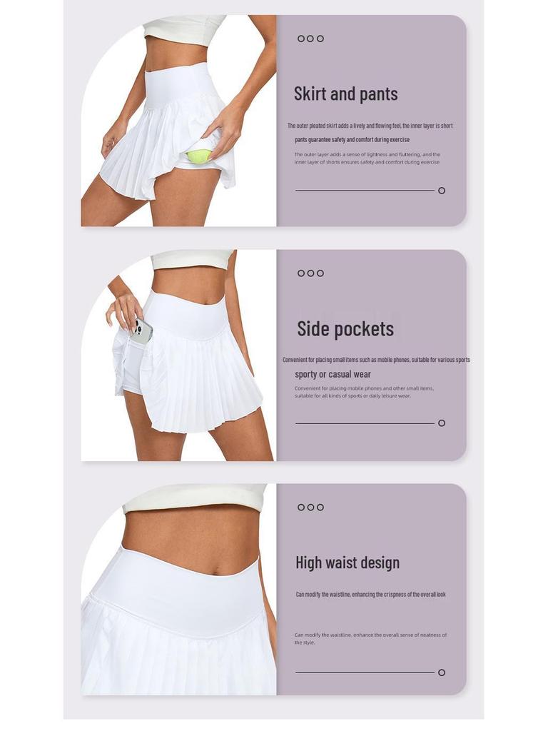 High-Waisted Pleated Sports Mini Skirt with Pockets - Women's Anti-Exposure Tennis Skirt