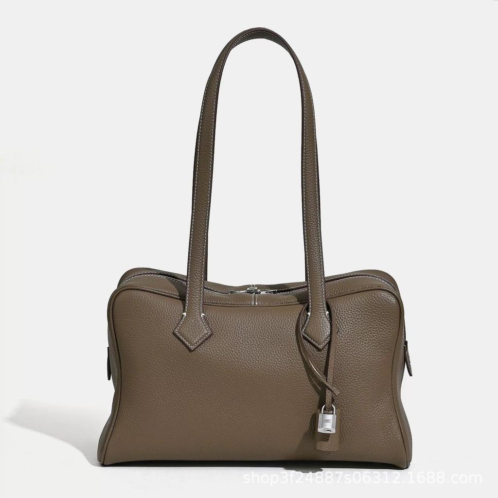 First Layer Cowhide Victoria Bowling Pillow Bag Genuine Leather Portable Tote Bag Fashionable High-end Shoulder Messenger Bag