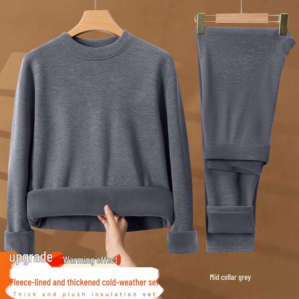 Herren Warmes Unterwäsche-Set mit Fleecefutter - Mittelhoher Rundhalsausschnitt, Übergröße, Kältefest für Mittelalte und Ältere, Herbst/Winter.