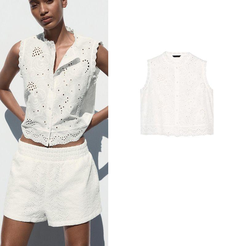 Summer Women's Clothing French Style Design Single-Breasted Cut Out Embroidered Crew Neck Sleeveless Casual Tops 4387031