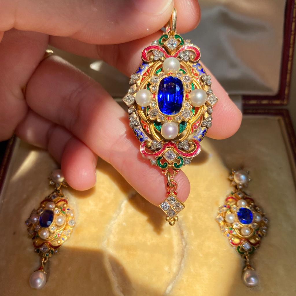 Art Jewelry Style Pearl Pendant Long Earrings Sapphire Enamel Antique Suit Women