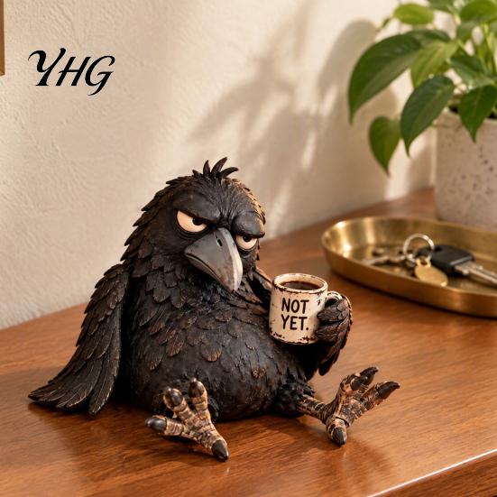 Funny Coffee Cup Raven Figurine with Mug, Resin Crow Statue, Realistic Animal Sophisticated Desk Accessory Ornament for Home Decor, Creative