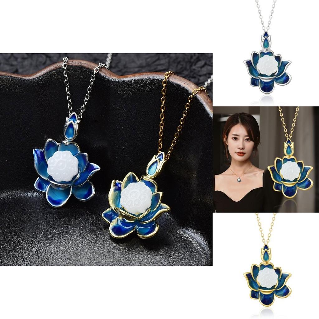 Elegant Enamel Lotus Pendant Necklace For Women Featuring Vintage Floral Design In Titanium Steel