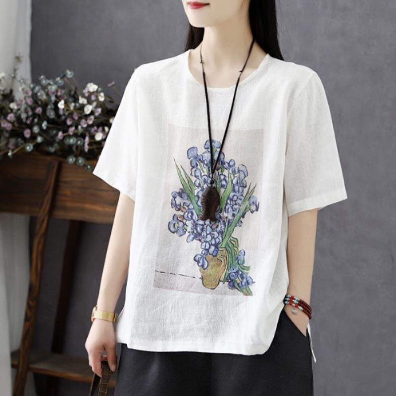 Cotton and Linen T-shirt Women's Short-sleeved Summer Women's Blouse Loose Retro Printing Large Size Women's T-shirt