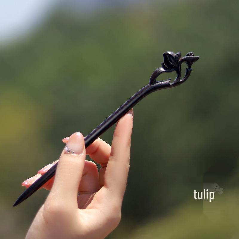 High-End Natural Ebony Wood Hairpin - Extended Chinese Ancient Style Black Hair Bun Accessory
