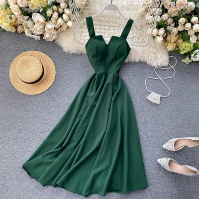 Women Design Sense Backless Spaghetti Strap Dress V-neck High Waist Solid S-L