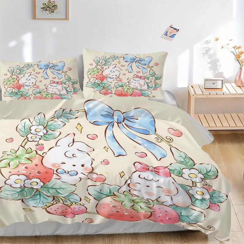 3pcs Cute Animals & Strawberries Print Bedding Set (1 Cover + 2 Pillowcases, Without Inserts), This Printed Bedding Set is Soft and Comforta