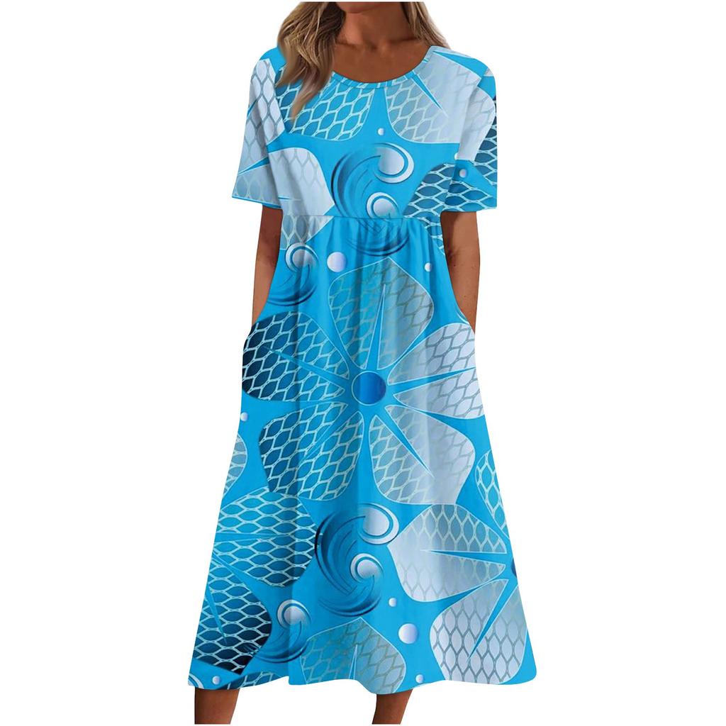 Dámské šaty pro volný čas Šaty s potiskem Letní šaty s potištěným plisovaným midi šaty s kulatým výstřihem Základní klasické venkovní denní šaty s krátkým rukávem volné