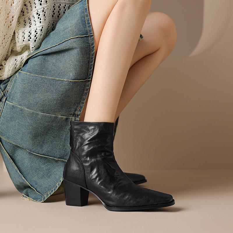 Fashion 2025 Autumn/Winter Women Boots Genuine Leather Women Shoes Square Toe Chunky Heel Shoes Zip Ankle Boots Lace-up Modern Boots