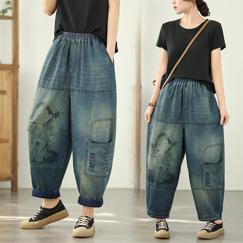 DIMANAF 2025 Letní Džíny Dámské Elastické Základní Dlouhé Kalhoty Denim Volné Ležérní Kalhoty s Širokými Nohavicemi Ležérní Potisk Nadměrné Velikosti