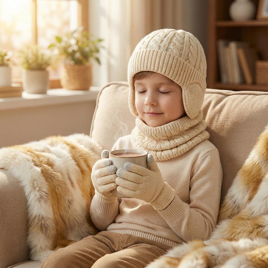 Vaikų žiemos šiltas megztas rinkinys su pomponu: kepurė, šalikas, pirštinės (3 dalių rinkinys arba atskira kepurė), vėjui atspari, ausų apsauga berniukams ir mergaitėms, šaltam orui, lauke