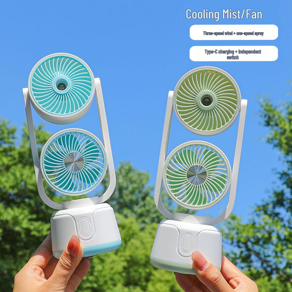 Dual-Head USB Mini Desktop Fan: Three-Speed, Strong Wind, Humidifying Spray for Summer Office