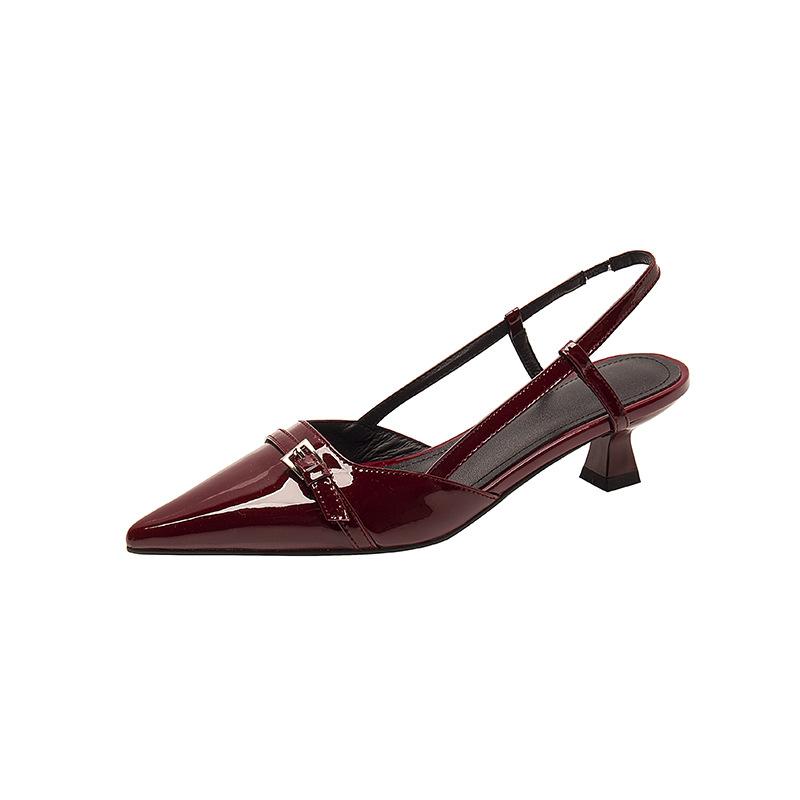 Summer French Wine Red Pointed Patent Leather Mid-heel Overhead Sandals for Women Retro Skinny Heel Back Empty Shoes