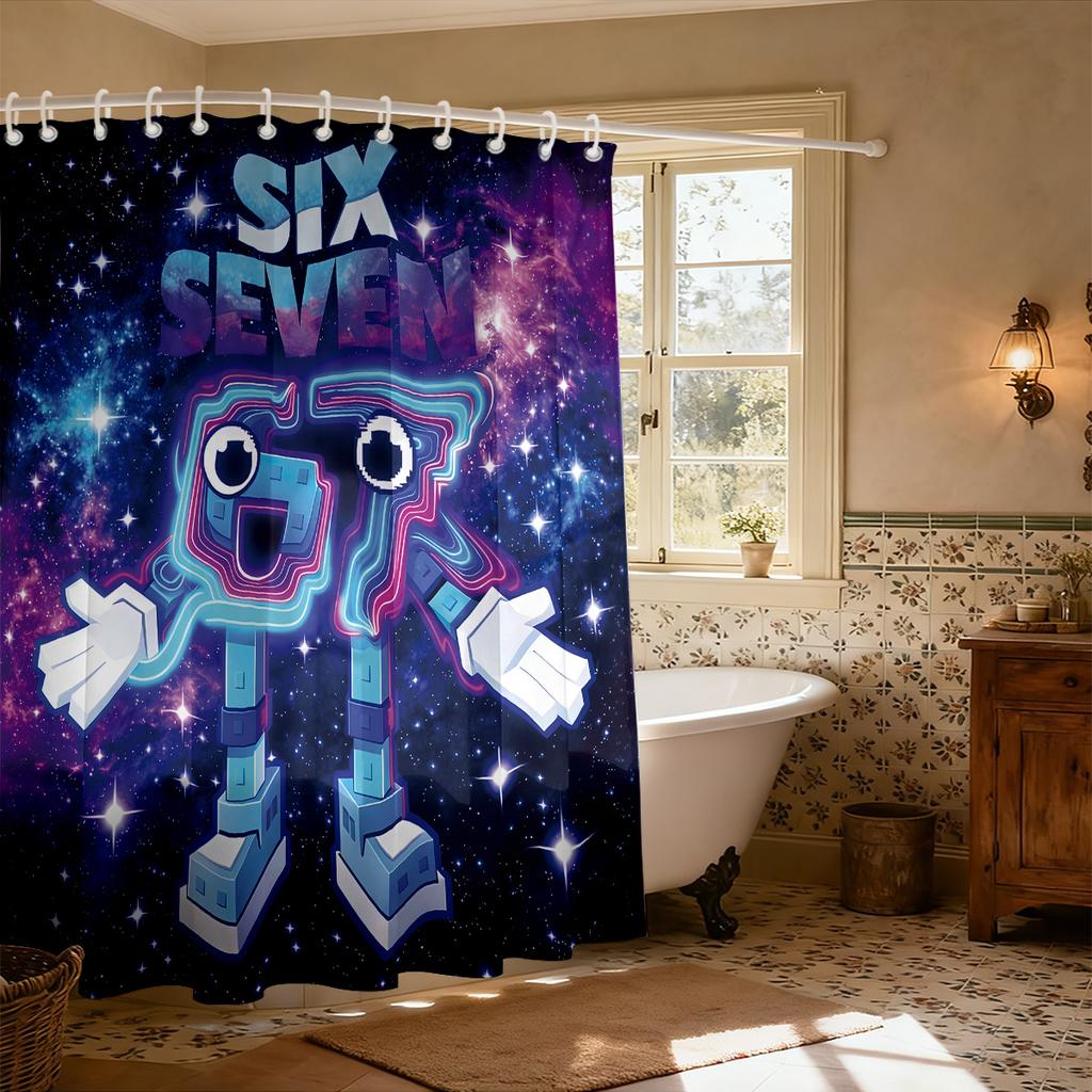 1Pc Punk Style 67 Element Printed Waterproof Shower Curtain Partition Privacy Hanging Curtain, 12 Hooks, Multiple Sizes