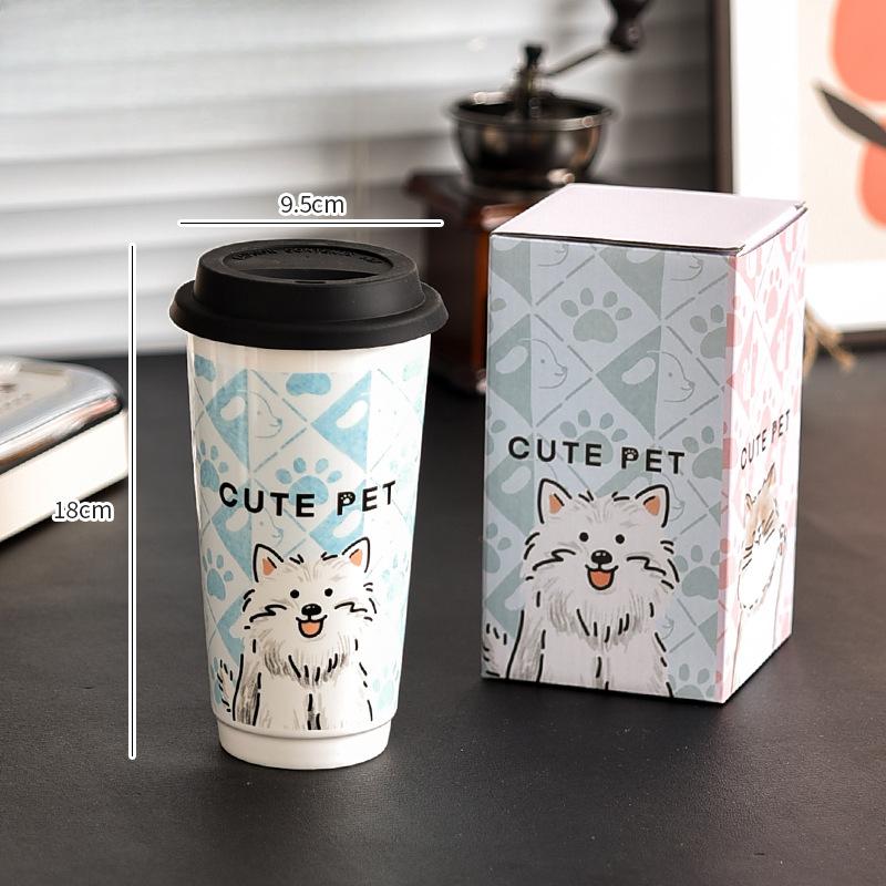 Kitten and Puppy Cup High Cup Milk Tea Cup with Lid Ceramic Souvenir Girl Couple Coffee Cup Student Water Cup
