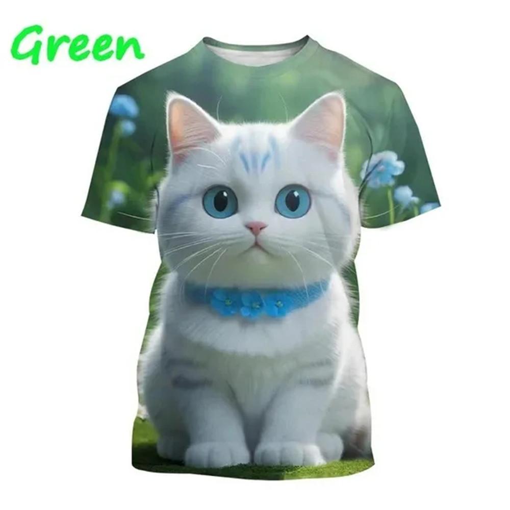 Children's T-Shirt Cute Cat Graphic Girl Round Neck Kids Clothes Fashion Summer Top