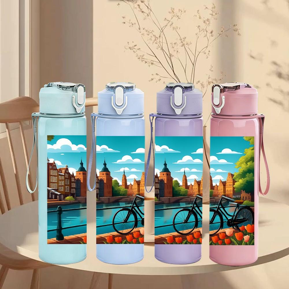 1PC City River Landscape Painting 750ml Color Plastic Sports Water Bottle Leakproof Flip Straw Lid Suitable for Sports Office Home Use