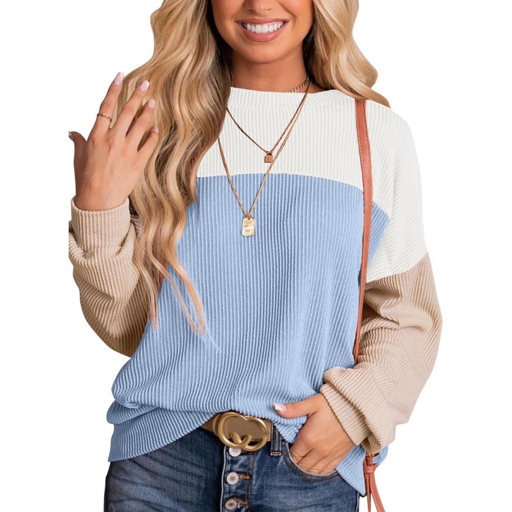 New Color Block Casual Loose Pullover Sweatshirt T-shirt for Women, European American Style Crossbody Women's Top