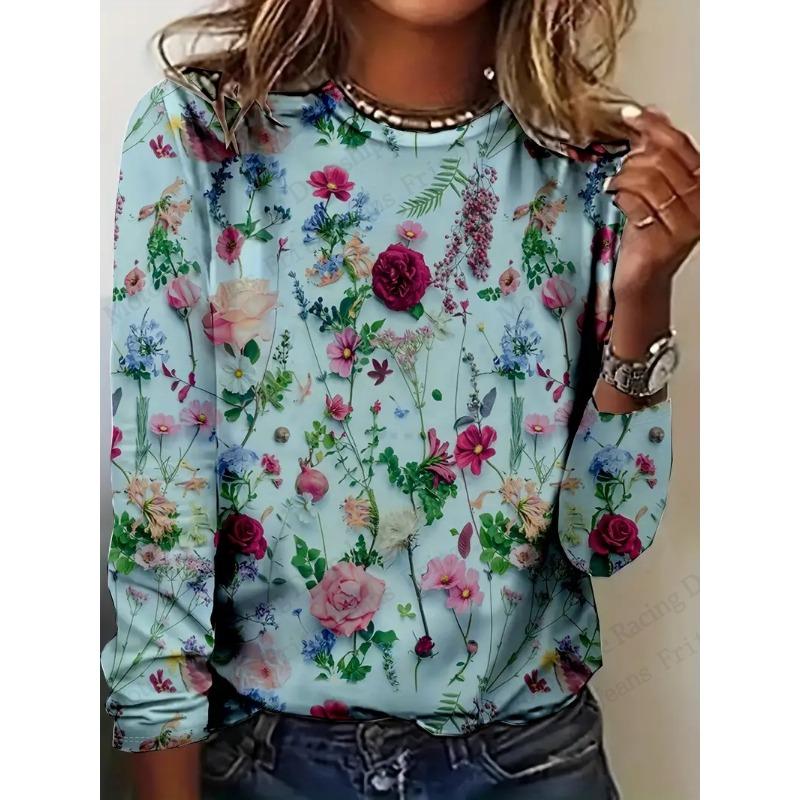 Bright Vibrant Flower 3d Graphic Print T-Shirt Women Fashion Casual Oversized Long Sleeve T-shirt Women Clothes Blossom Tops Tee