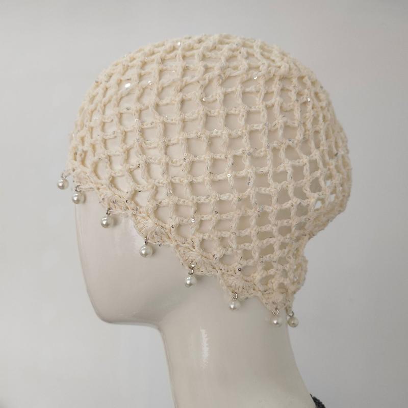 Portable Pearl Fringed Hollowed Out Woven Beanies Retro Pullover Hat for Travel Winter Essentials