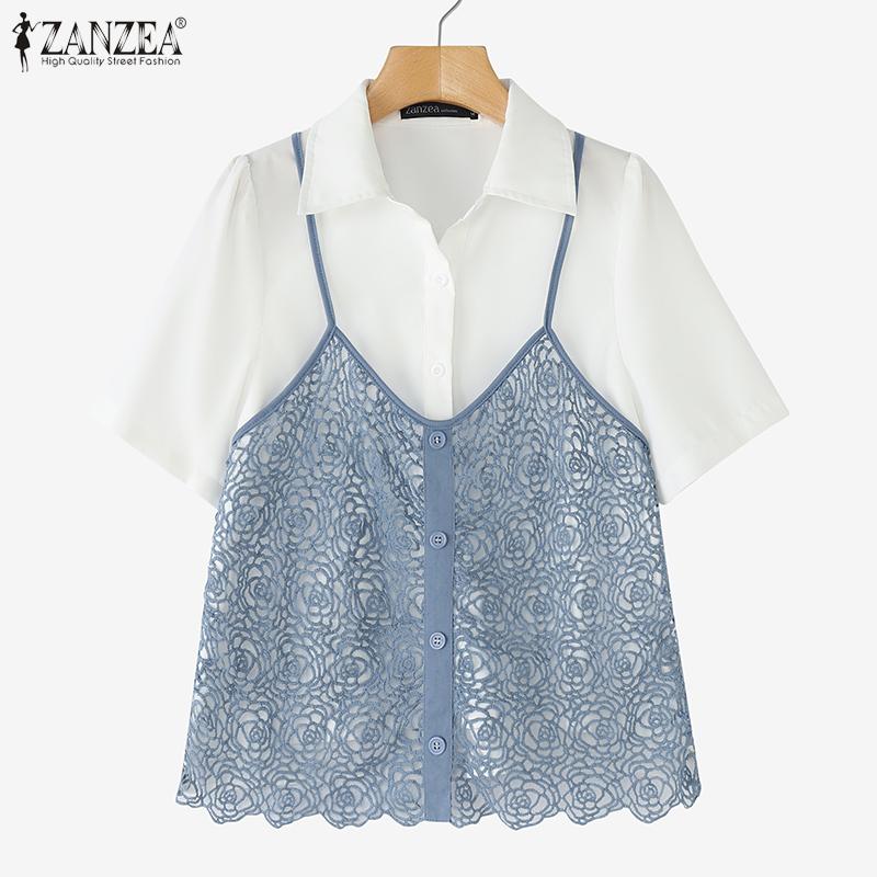 

ZANZEA Womens Summer Casual Fake Two Piece Patchwork Short Sleeve Blouse S синій