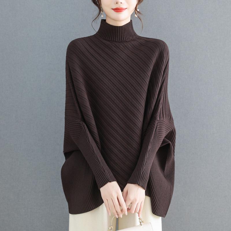 Plus Size Women's Batwing Sleeve Ribbed Knit Sweater with Half-High Round Neck
