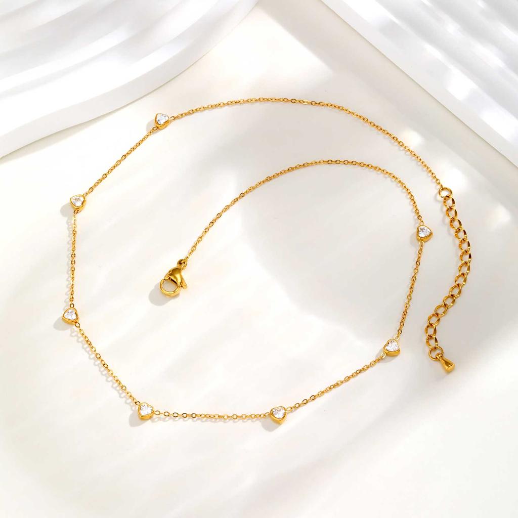 7 Heart-shaped White Zircon Necklace for Women,Gold Plated Stainless Steel Flat Rolo Chain Choker Necklaces,Fashion Jewelry Gift