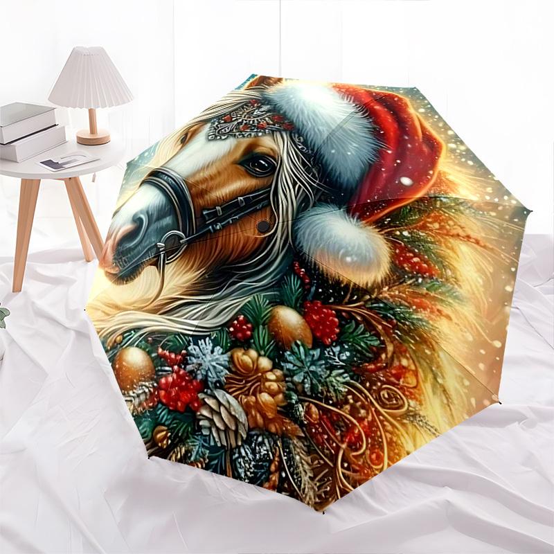 1pc Christmas Horse Santa Hat Automatic Opening Folding Umbrella, 8 Bone Iron Frame Outdoor Umbrella, Perfect Gift for Fans, Travelers, Daily Use.B004