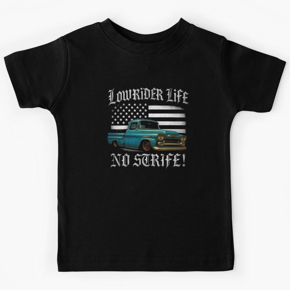 Lowrider Life No Strife Vintage Chevy Pickup with Black and White American Flag Kids T-Shirt 120