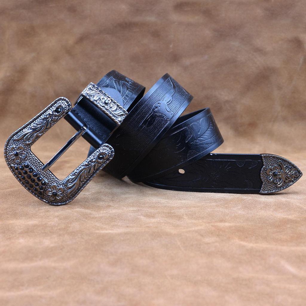 Men's Genuine Cowhide Leather Retro Western Embossed Pin Buckle Belt