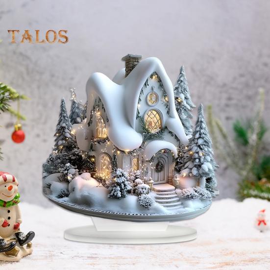 Christmas Acrylic Desktop Ornament Flat Snowy Cabin Ornament with Base Christmas Village Log Cabin Ornament for Holiday Table Decor