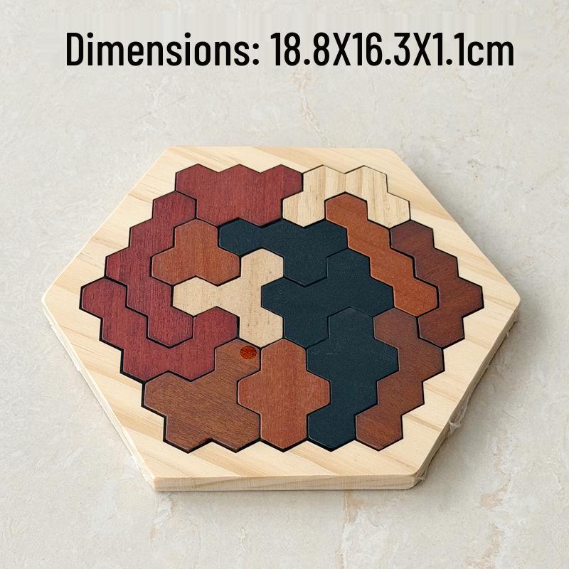 Hexagonal Shape Chess Puzzle - Seven Pieces, 11 Blocks Educational Wooden Toy for Kids