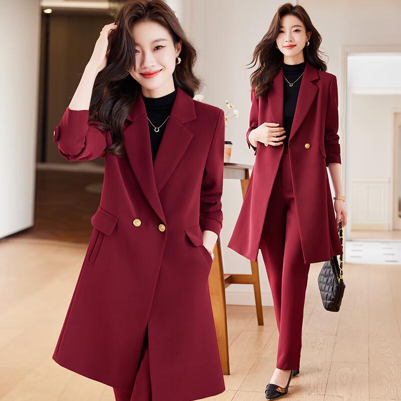 Trolman Women s Autumn Professional Trench Coat & Pants Suit Set M