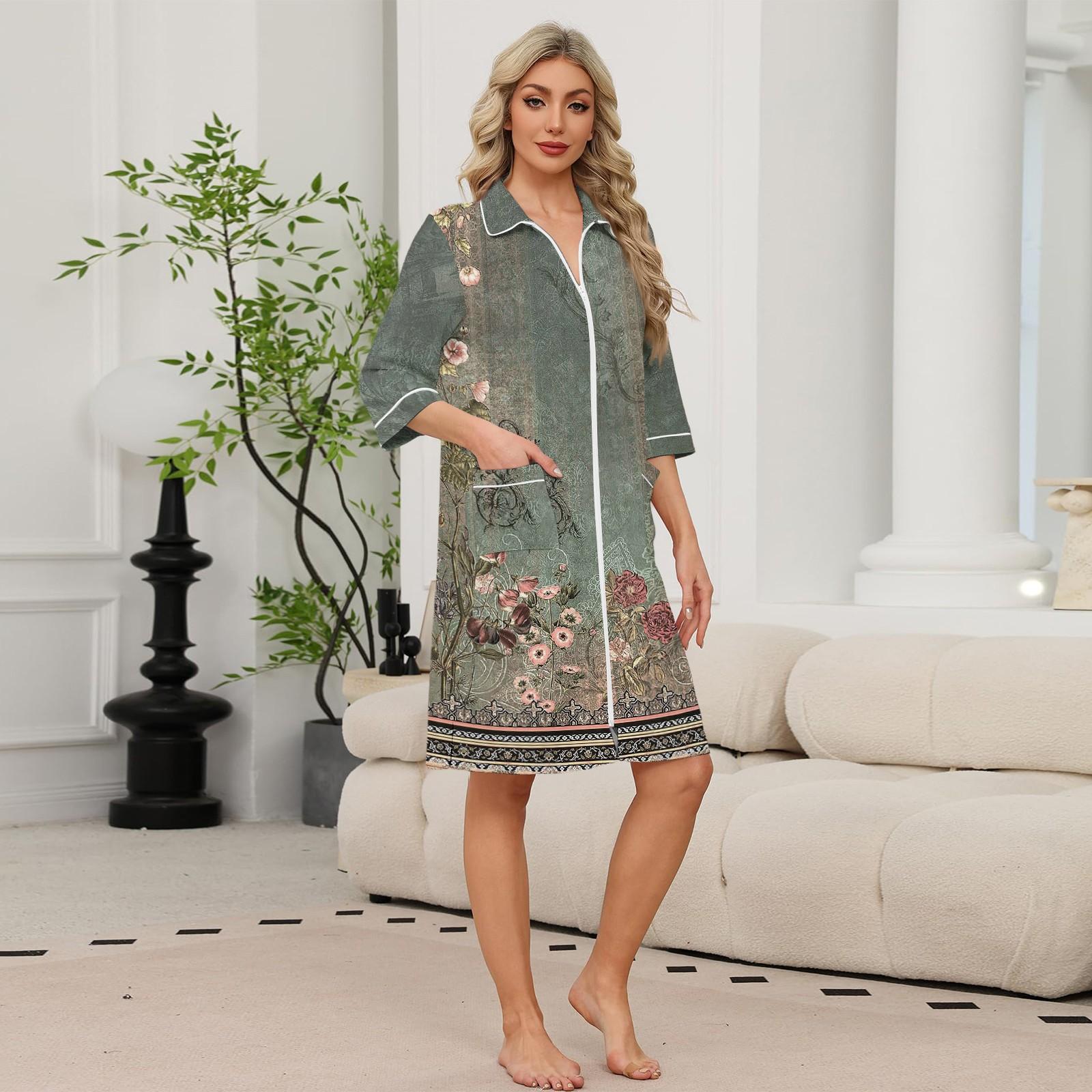 Damen-Bademantel mit Reißverschluss, Blumendruck, Dreiviertelärmel, knielang, leichte Nachtwäsche mit Taschen XL grün