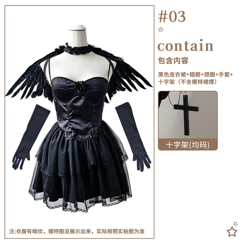 Costume d'Halloween Adulte Robe Ailes d'Ange Noir et Blanc Costume Cosplay Démon Gothique Sombre
