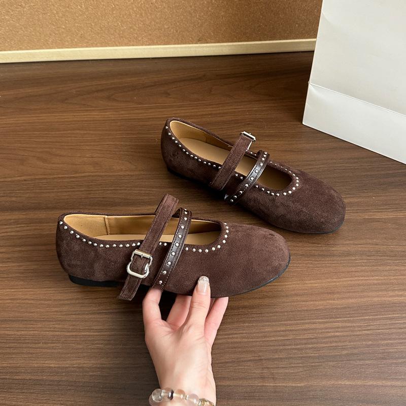 

Cowhide version~ 2025 autumn new Korean breathable word with light mouth round head soft and comfortable Mary Jane shoes women 35 темно-коричневого