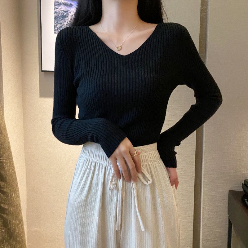 

Tight V-neck Sleeve Long Sleeve Sweater Skinny V-neck Pullover Long Sleeve Sweater Black One size