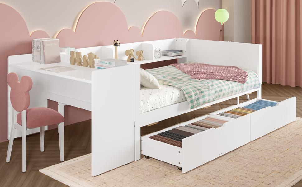 Low Bed, Wooden Bed, 90x200cm, with Desk, Equipped with 2 Drawers, Single Bed(Without Mattress), with Shelves, Pine+Chipboard, white